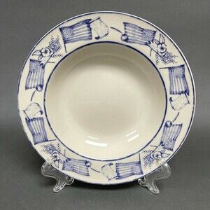 American Heritage Stoneware Soup Cereal Pasta Bowl Flags Beige Blue 8 1/2"